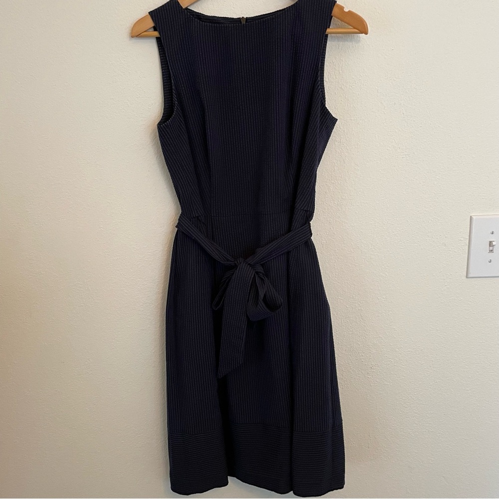 Anne Klein Tonal Seersucker Fit And Flare Dress Sz 8 Sleeveless Self Tie Belt